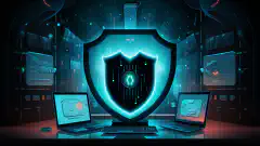O ilustrație animată reprezentând un scut care protejează un sistem informatic de diverse amenințări cibernetice.