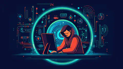 O ilustrație animată a unui hacker care folosește un computer și o lupă pentru a reprezenta explorarea și analiza vulnerabilităților și a exploatărilor în sistemele informatice.