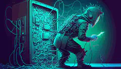 O imagine animată a unui hacker care încearcă să pătrundă într-un sistem informatic protejat prin criptare RSA, dar care eșuează în timp ce un computer cuantic rezolvă criptarea în câteva secunde în fundal.