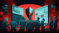 O imagine ilustrată a unei echipe de profesioniști în domeniul securității cibernetice care lucrează împreună pentru a răspunde la un incident de securitate, cu o pictogramă de alertă roșie în fundal care indică urgența situației. 