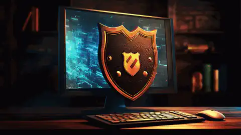 Imagine reprezentând un scut care protejează un computer, simbolizând confidențialitatea și securitatea în lumea digitală.