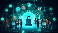 O imagine care prezintă un grup de diverși profesioniști din mediul de afaceri care colaborează pe o platformă digitală cu pictograme de blocare care simbolizează securitatea cibernetică.