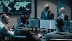 O imagine a unui grup de profesioniști în domeniul securității cibernetice într-o sală de ședințe, care lucrează împreună pentru a se asigura că sistemele și datele organizației lor sunt sigure.