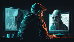 O imagine a unei persoane care stă la un computer cu o expresie îngrijorată în timp ce un hacker sau un criminal cibernetic este afișat pe ecran, reprezentând pericolele amenințărilor cibernetice și importanța securității cibernetice