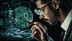 O imagine a unui profesionist în domeniul securității care examinează funcționarea internă a unui dispozitiv IoT, cu diverse componente hardware și circuite vizibile. 