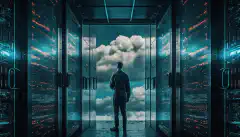 O imagine a unei camere de servere cu rafturi de servere pe o parte și un nor pe cealaltă parte, cu o persoană care stă în mijloc și le privește pe amândouă.