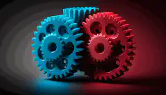 O imagine a trei angrenaje, colorate în roșu, albastru și albastru, care se întrepătrund și se rotesc împreună pentru a simboliza integrarea și colaborarea lor în automatizarea proceselor de securitate cibernetică
