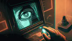 O ilustrație animată a unei mâini care utilizează un scaner de amprente pentru a accesa o zonă securizată, cu fața și irisul unei persoane vizibile în fundal.