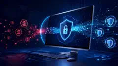 O ilustrație a unui ecran de computer care afișează o interfață futuristă de browser pentru confidențialitate cu simboluri abstracte de protecție a datelor și criptare pe un fundal bleumarin închis.