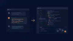 Conversație în terminal și spațiu grafic de programare unite printr-o săgeată pentru transferul sesiunii pe fundal întunecat