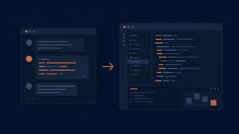 Conversație în terminal și spațiu grafic de programare unite printr-o săgeată pentru transferul sesiunii pe fundal întunecat