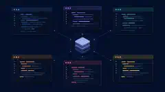 Șase ferestre abstracte de terminal înconjoară un simbol de repository într-o grilă echilibrată pe fundal întunecat