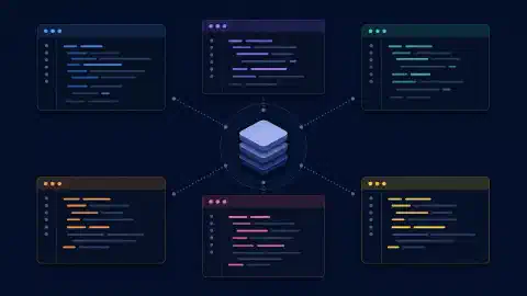 Șase ferestre abstracte de terminal înconjoară un simbol de repository într-o grilă echilibrată pe fundal întunecat