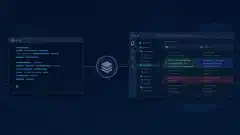 Spații de programare în terminal și desktop conectate la un simbol de depozit cu accente turcoaz și albastre