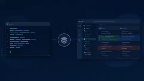 Spații de programare în terminal și desktop conectate la un simbol de depozit cu accente turcoaz și albastre