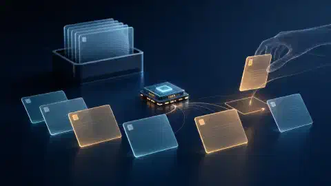 Un procesor luminos lângă carduri translucide de documente reordonate și un teanc separat de arhivă pe o suprafață întunecată