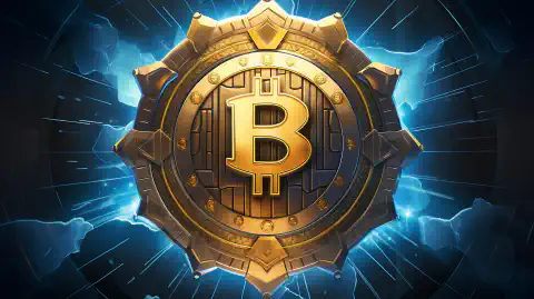 O operă de artă simbolică care prezintă un scut-emblemă, reprezentând transformarea Bitcoin într-o puternică tehnologie de securitate electro-cybernetică.
