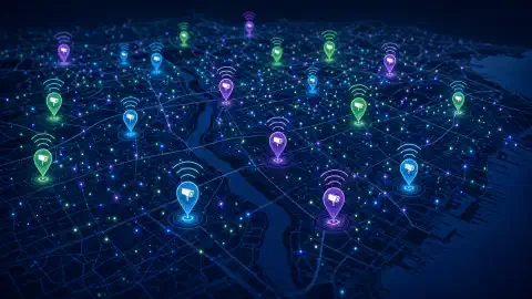 O hartă interactivă care afișează marcatori colorați indicând locațiile camerelor ALPR Flock Safety, cu semnale WiFi abstracte emanând din marcatori pe un fundal întunecat.