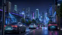 O ilustrație a unui oraș futurist cu diverse camere ALPR Flock Safety montate pe stâlpi și clădiri, surprinzând vehiculele care trec. Scena prezintă un fundal întunecat cu culori vii și strălucitoare.