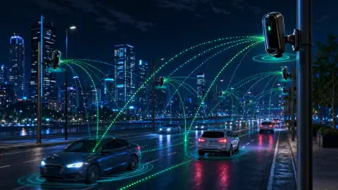O intersecție întunecată de stradă luminată de o cameră de supraveghere montată pe un stâlp, cu date despre plăcuțele de înmatriculare suprapuse pe mașinile care trec.