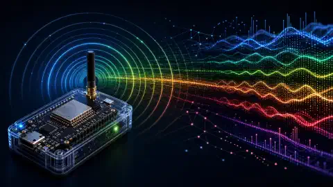 O ilustrație care prezintă un dispozitiv bazat pe ESP32 în prim-plan, scanând semnale WiFi. Unde colorate reprezintă diferite intensități de semnal, pe un fundal întunecat.