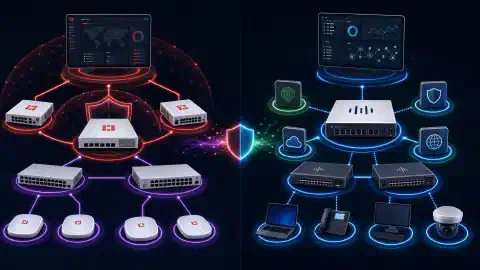 O ilustrație care arată două arhitecturi de securitate a rețelei. În stânga, componentele Fortinet precum firewall-urile FortiGate și FortiSwitch sunt interconectate. În dreapta, soluțiile Cisco precum Secure Firewall și switch-urile Catalyst sunt reprezentate, toate pe un fundal închis.