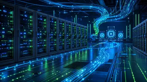 Centru de date futurist cu rackuri dense de servere, trasee de rețea luminoase și atmosferă tehnică albastru-închis