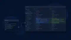 Prompt de terminal conectat la o selecție din editor și la o diferență vizuală într-un spațiu de programare albastru și verde