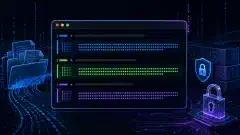 O ilustrație a unui terminal Linux futurist afișând rezultatele comenzilor de hash, înconjurat de fișiere abstracte și simboluri digitale pe un fundal întunecat, cu accente vibrante albastre, verzi și mov.