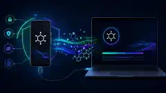 O ilustrație digitală abstractă care arată un smartphone Google Pixel conectat la un computer printr-un cablu USB-C, înconjurat de elemente grafice colorate reprezentând transferul de date și securitatea.