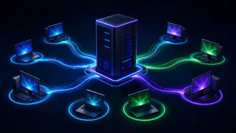 Un server futurist înconjurat de computere client luminoase, ilustrând activarea KMS într-un cadru întunecat cu culori vibrante. Scena evidențiază conectivitatea digitală și tehnologia modernă.