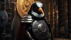 O artă simbolică care arată un pinguin războinic protejat apărând un server securizat.