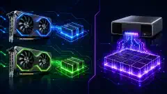 O ilustrație arată două plăci grafice NVIDIA RTX 5060 Ti în stânga și un sistem NVIDIA GB10 în dreapta, ambele evidențiate pe un fundal întunecat cu culori vii.