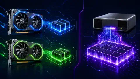 O ilustrație arată două plăci grafice NVIDIA RTX 5060 Ti în stânga și un sistem NVIDIA GB10 în dreapta, ambele evidențiate pe un fundal întunecat cu culori vii.