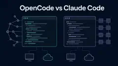 Două ferestre abstracte de terminal în turcoaz și violet conectate la simboluri de desktop și cloud pe un fundal întunecat