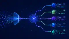 Ilustrație digitală abstractă cu noduri interconectate care reprezintă servicii de inferență AI, cu linii strălucitoare ce indică fluxul datelor pe un fundal întunecat.