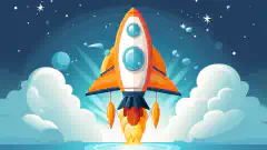 O rachetă veselă de desene animate care zboară pe cer cu textul OrangeWebsite pe partea sa, simbolizând experiența de găzduire rapidă și sigură.
