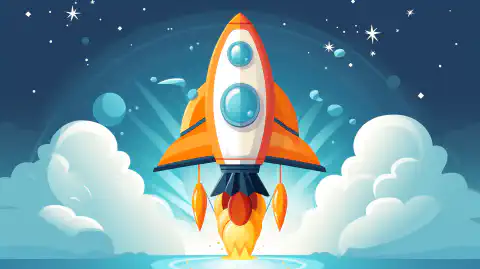 O rachetă veselă de desene animate care zboară pe cer cu textul OrangeWebsite pe partea sa, simbolizând experiența de găzduire rapidă și sigură.