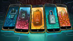 O ilustrație a patru smartphone-uri, fiecare reprezentând Session, Status, Signal și Threema, securizate cu încuietori, subliniind accentul pus pe mesageria securizată.