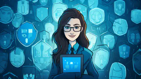 O imagine în stil de desen animat a unei persoane înconjurate de scuturi de protecție, reprezentând confidențialitatea online și protecția datelor.