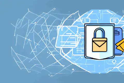 O ilustrație simbolică a unui plic încuiat, înconjurat de straturi de protecție asemănătoare unui scut, reprezentând securitatea e-mailurilor și protecția datelor