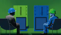 Două servere față în față, unul albastru, unul verde. Pe partea albastră stă o persoană purtând o cască de protecție și o vestă de siguranță. Pe partea verde o persoană care stă pe canapea.