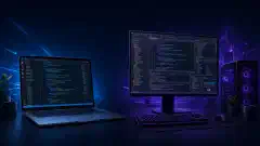 O ilustrație care arată un laptop cu Visual Studio Code în stânga și un desktop cu Visual Studio în dreapta, pe un fundal întunecat. Partea stângă prezintă fragmente de cod colorate, în timp ce partea dreaptă afișează proiecte complexe de programare.